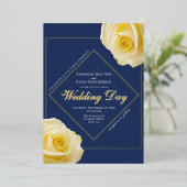 イエロエレガントーローズブルーフローラ結婚ズ金ゴールド 箔招待状 (立ち正面)