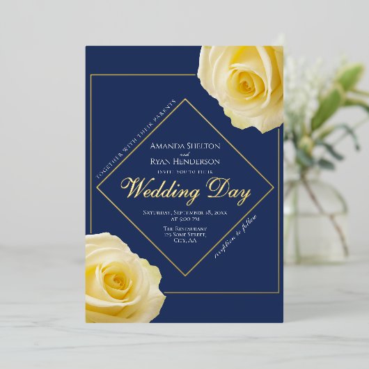 イエロエレガントーローズブルーフローラ結婚ズ金ゴールド 箔招待状 (立ち正面)