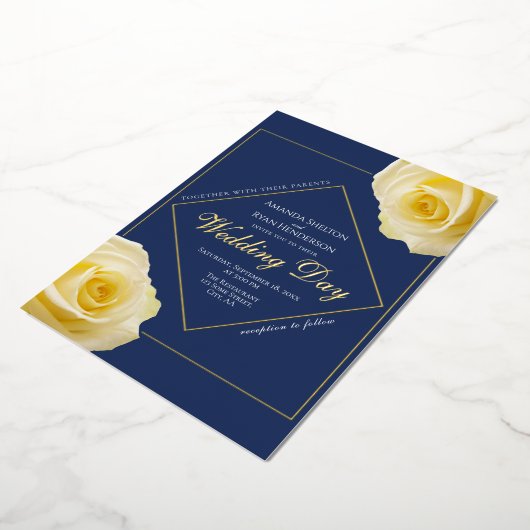 イエロエレガントーローズブルーフローラ結婚ズ金ゴールド 箔招待状 (回転した状態)