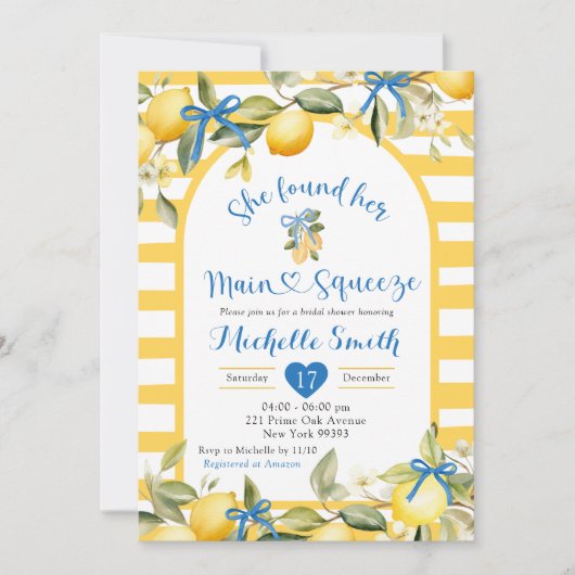 イエロスブルーレモンメインスクイーズブライダルシャワー 招待状 (正面)