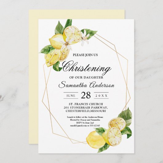 イエロモダンレモンズ&金ゴールドフレーム美しい 招待状 (正面/裏面)