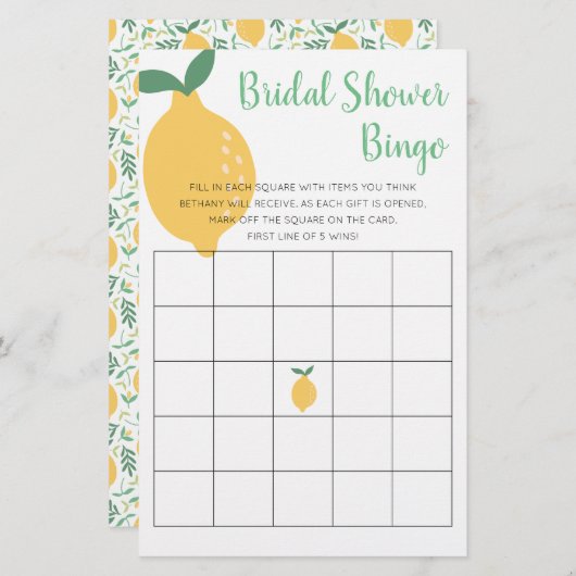 イエロモダンレモンブライダルシャワービンゴゲーム (正面/裏面)