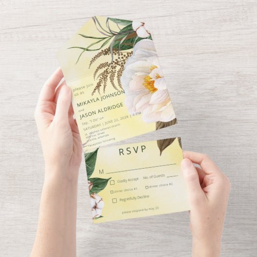 イエロモダンーディナーにホワイト牡丹フローラ オールインワン招待状 (貼ってはがせる)