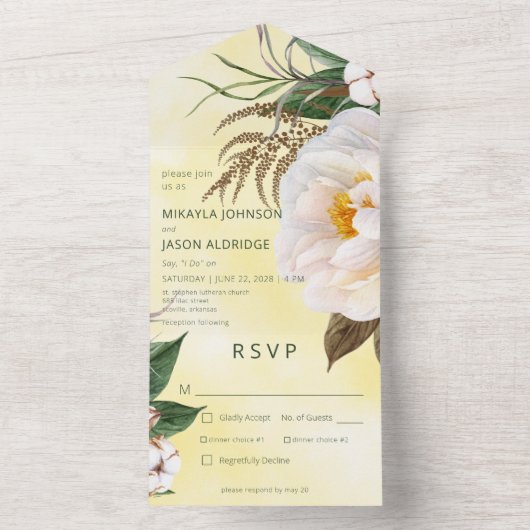 イエロモダンーディナーにホワイト牡丹フローラ オールインワン招待状 (内側)