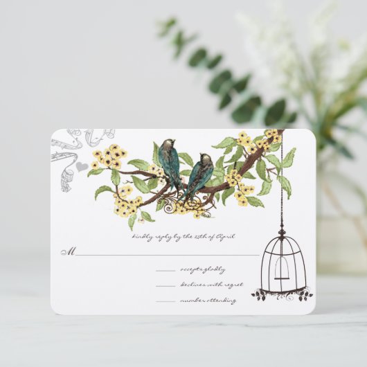 イエローさくらんぼティール（緑がかった色）バーズバードケージRSVP 出欠カード (スタンド正面)