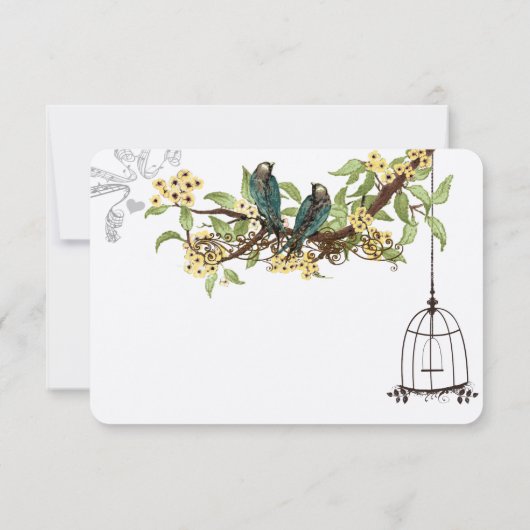 イエローさくらんぼティール(緑がかった色)バーズバードケージRSVP 出欠カード (裏面)