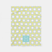 イエローとアクアハニカムパターモノグラムのン フリースブランケット (正面)