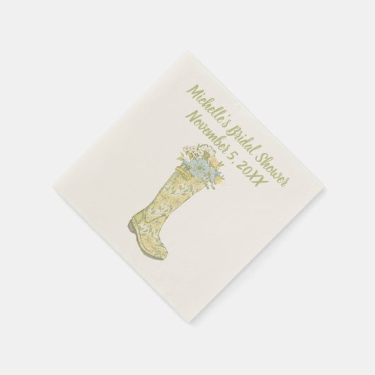 イエローとアクアブルーの花柄レインブーツシャワー スタンダードカクテルナプキン (角)