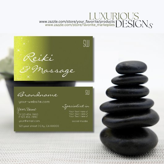 イエローとオリーブの緑のグリッター星とモノグラム 名刺