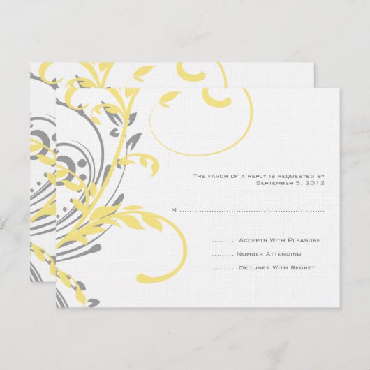 イエローとグレーのダブルフローラウェディングRSVP 出欠カード (正面/裏面)