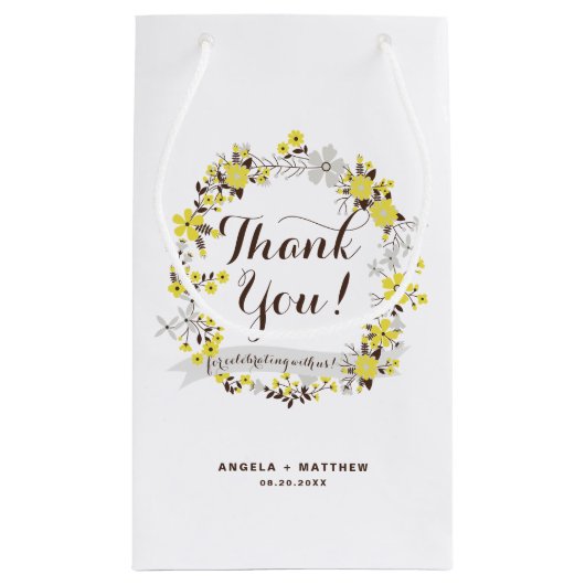 イエローとグレーのフローラリースパーティーありがとう スモールペーパーバッグ (裏面)