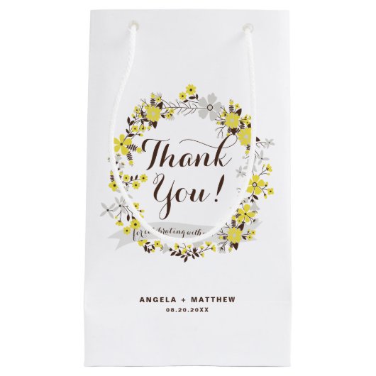 イエローとグレーのフローラリースパーティーありがとう スモールペーパーバッグ (正面)