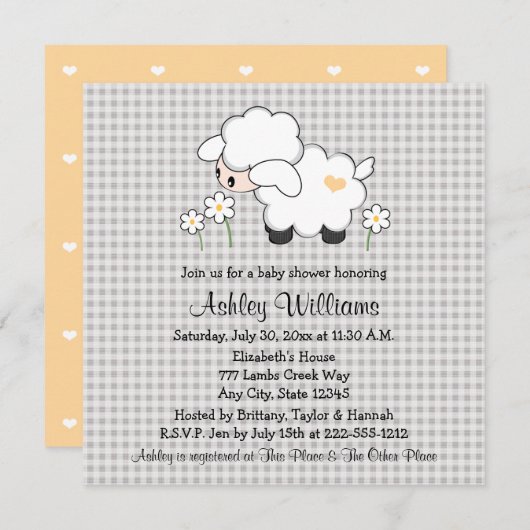 イエローとグレーのベビーラムベビーシャワー 招待状 (正面/裏面)