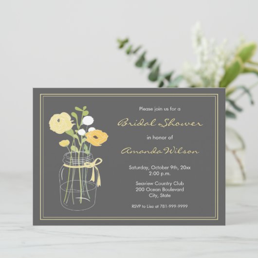 イエローとグレーのメイソンジャーブライダルシャワーの招待状 招待状 (スタンド正面)