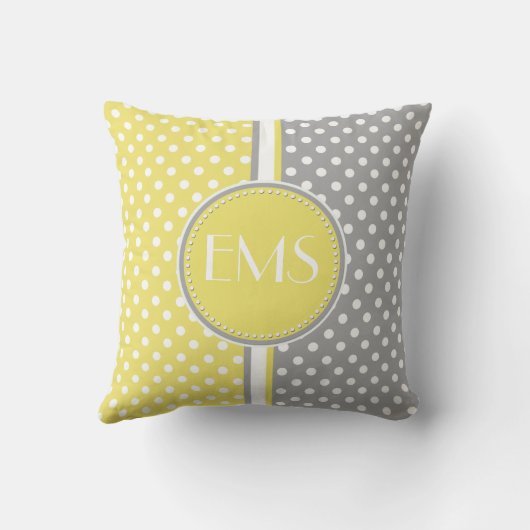 イエローとグレーの水玉模様モノグラム枕 クッション (裏面)