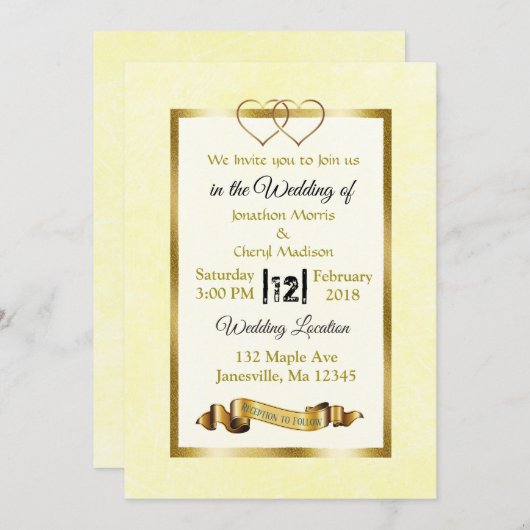 イエローとゴールドのハート ウェディング 招待状 (正面/裏面)