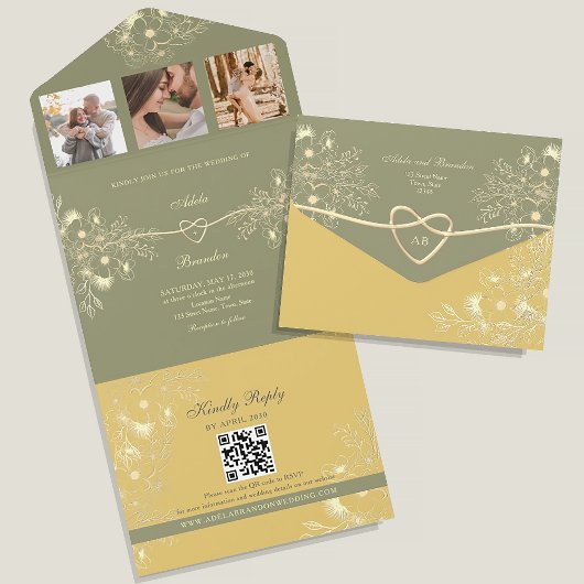 イエローとセージグリーンの結婚式 オールインワン招待状