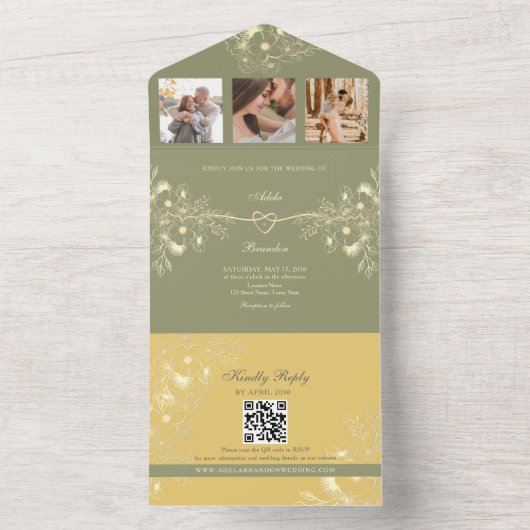 イエローとセージ結婚グリーン オールインワン招待状 (内側)