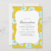 イエローとターコイズのフラワーミス・クィンセラ 招待状 (正面)