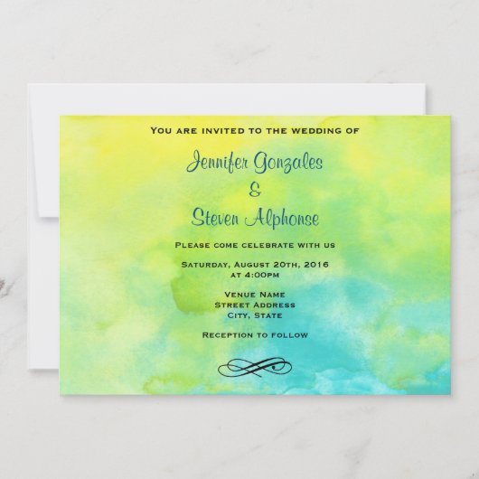 イエローとターコイズブルーの水彩ウェディング 招待状 (正面)