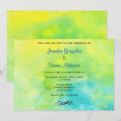 イエローとターコイズブルーの水彩ウェディング 招待状 (正面/裏面)