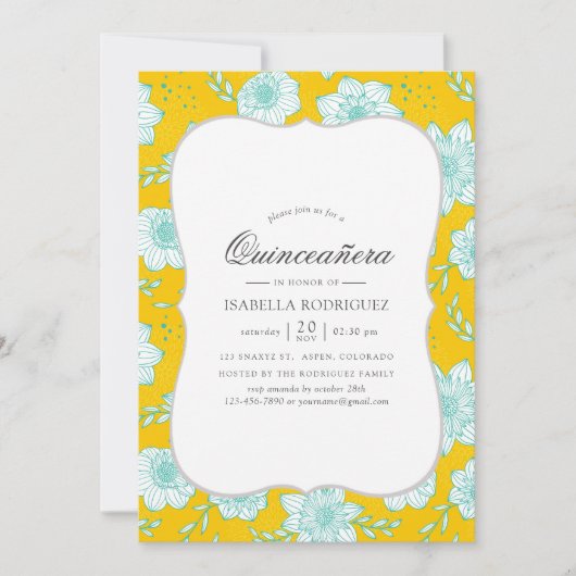 イエローとティール（緑がかった色）フローラキンセアニラ 招待状 (正面)