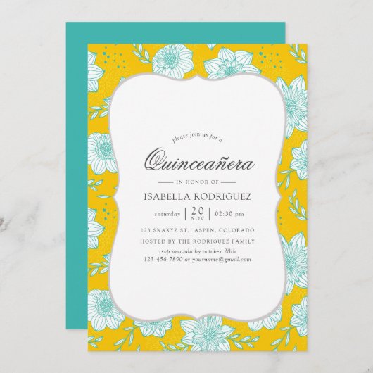 イエローとティール(緑がかった色)フローラキンセアニラ 招待状 (正面/裏面)