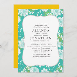 イエローとティール（緑がかった色）フローラリハーサルディナー 招待状