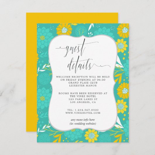イエローとティール（緑がかった色）フローラ結婚ズゲスト詳細 エンクロージャーカード (正面/裏面)