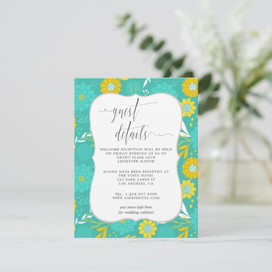 イエローとティール（緑がかった色）フローラ結婚ズゲスト詳細 エンクロージャーカード (スタンド正面)