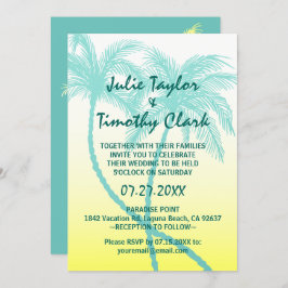 イエローとティール(緑がかった色)ブルーパームツリー結婚式招待状 招待状