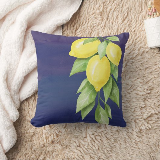 イエローとネイビーブルーレモンフローラ枕 クッション (ブランケット)