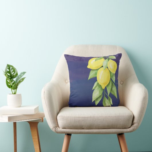 イエローとネイビーブルーレモンフローラ枕 クッション (椅子)