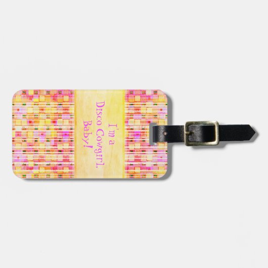 イエローとピンクのディスコカウガール フリンジ ラゲッジタグ (正面横)