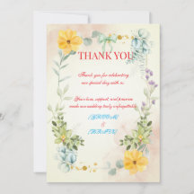 イエローとピンクのフラワーモチーフの結婚式お礼カード