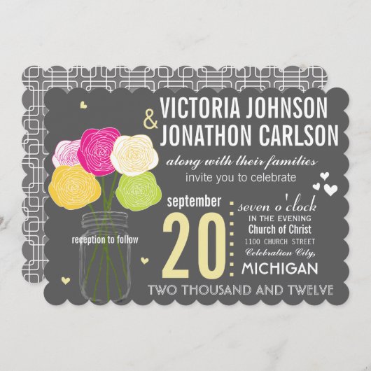 イエローとピンクのローズモダンタイポグラフィ結婚ズ 招待状 (正面/裏面)