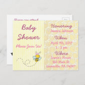 イエローとピンクの(昆虫)マルハナバチベビーシャワー招待状 インビテーションポストカード (正面/裏面)