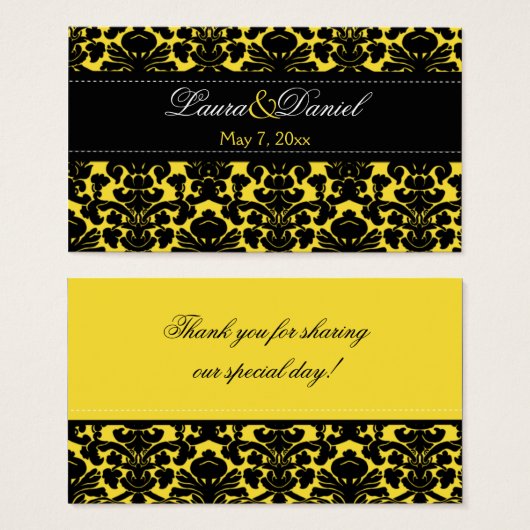イエローとブラックのダマスクウェディングメッセージカード (正面&裏面)