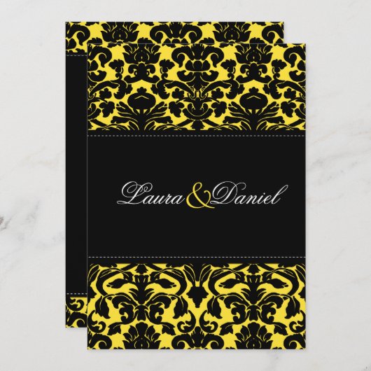 イエローとブラックのダマスクウェディング招待状 招待状 (正面/裏面)