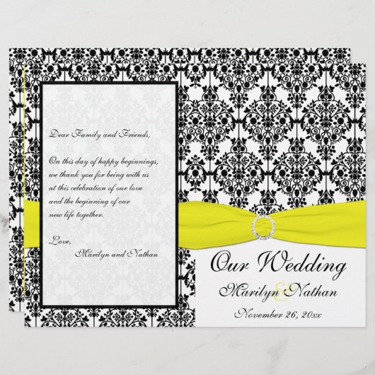 イエローとブラックのダマスク結婚式プログラム (正面/裏面)