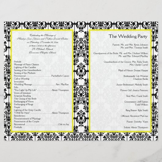 イエローとブラックのダマスク結婚式プログラム (裏面)