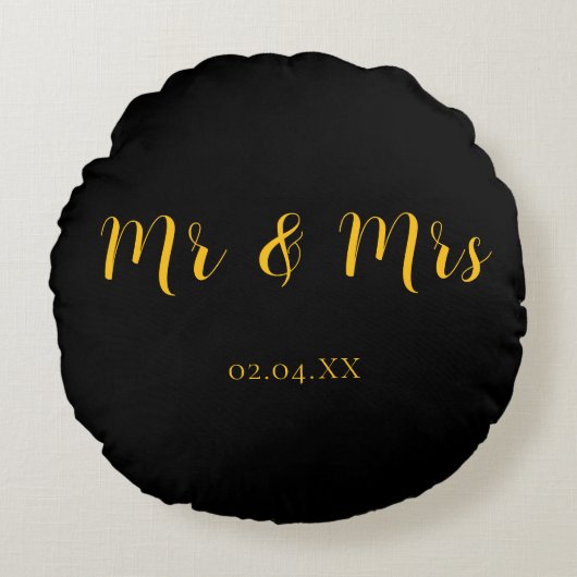 イエローとブラックのペア カスタム Mr & Mrs ラウンドクッション (正面)