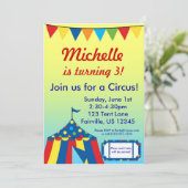 イエローとブルーのサーカス カーニバル ビッグトップ バースデー 招待状 (スタンド正面)