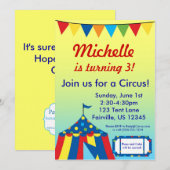 イエローとブルーのサーカス カーニバル ビッグトップ バースデー 招待状 (正面/裏面)