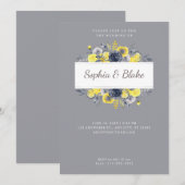 イエローとブルーのフラワーフレーム ライトグレイのウェディング 招待状 (正面/裏面)