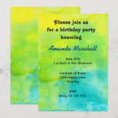 イエローとブルーの水彩画の誕生日招待状 招待状 (正面/裏面)