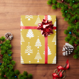 イエローとホワイトのクリスマスツリーパターン ラッピングペーパー