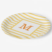 イエローとホワイトストライプズカスタムモノグラム ペーパープレート (アングル)