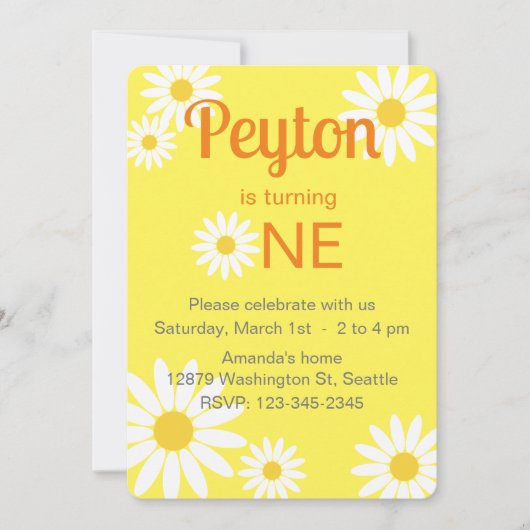 イエローとホワイトデイジー第1誕生日招待状 招待状 (正面)