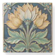 イエローとホワイト花模様ズストーンコースター